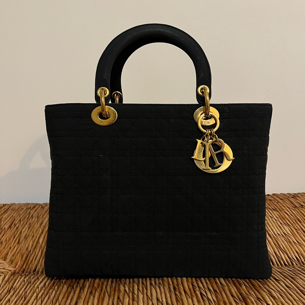 Authentic Lady Dior Black Cannage fabric bag with Gold Hardware